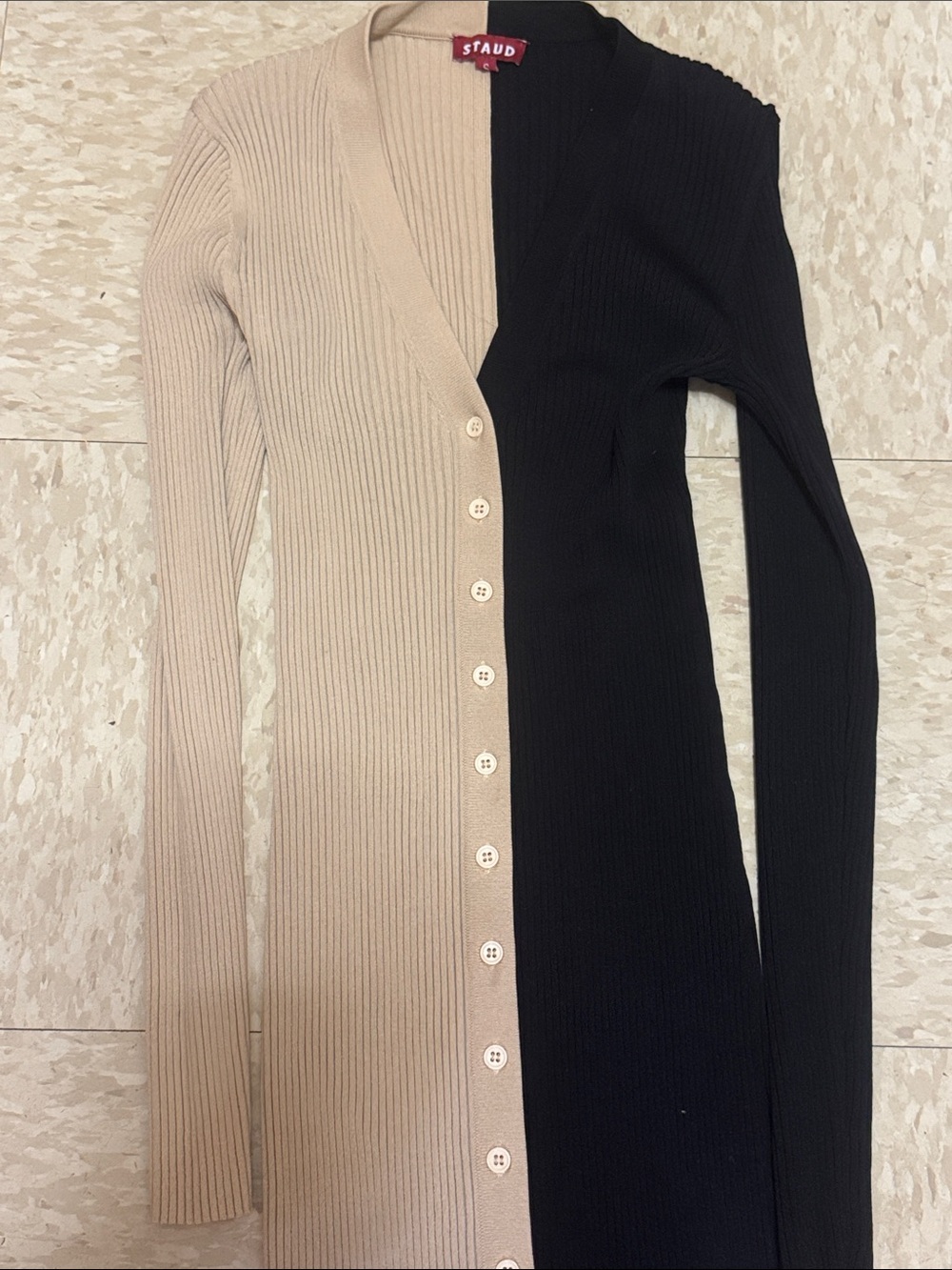 STAUD Two-Tone Beige and Black Ribbed Button-Front Cardigan